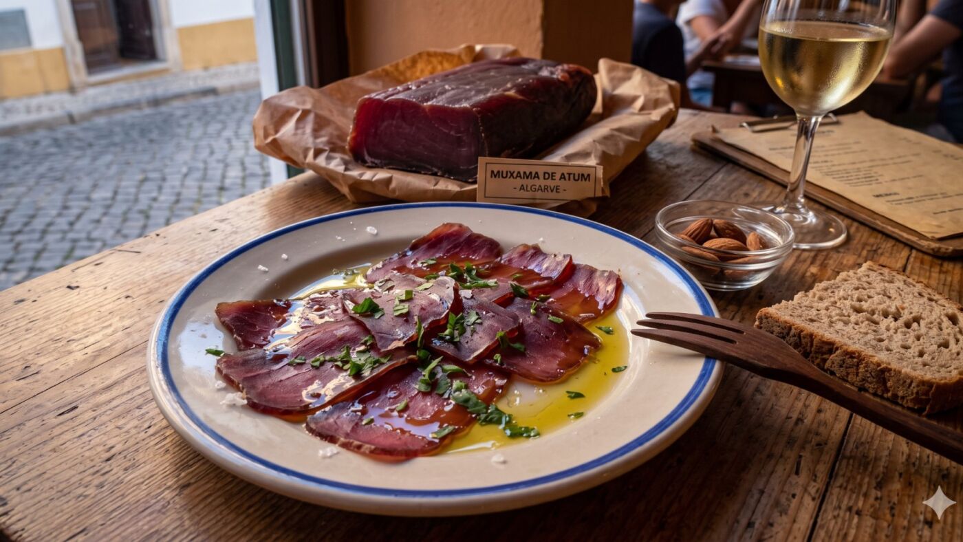 Muxama, Portuguese cured tuna, served with olive oil and wine at POP in Graça, Lisbon